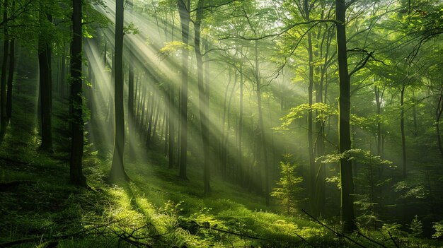 a forest with sun rays shining through the trees