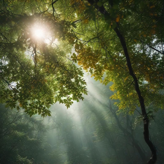 Photo a forest with sun rays shining through the trees