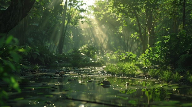 a forest with sun rays shining through the trees