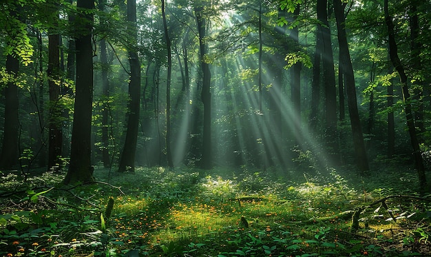 a forest with sun rays shining through the trees