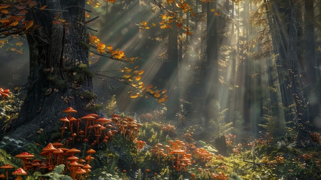 a forest with a sun rays shining through the trees