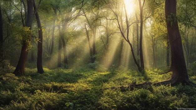 A forest with sun rays shining through the trees