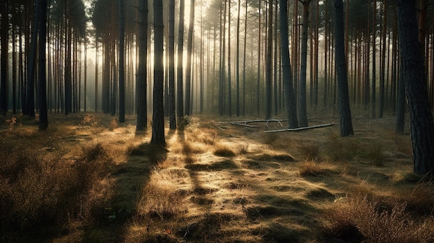 A forest with a sun shining on the ground