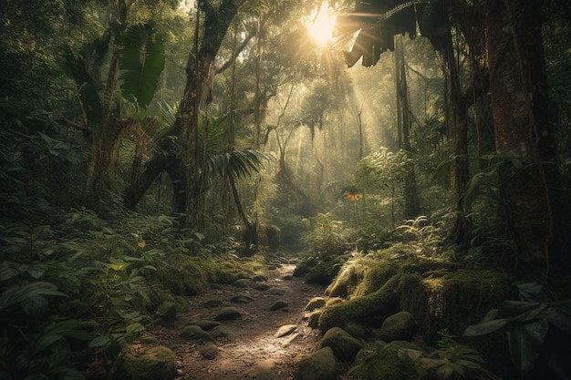 A forest with a sun shining on the ground