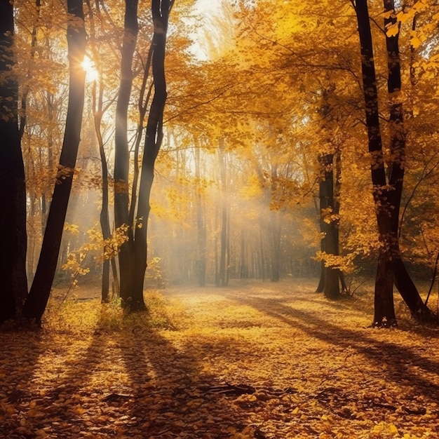 A forest with a sun shining on the leaves