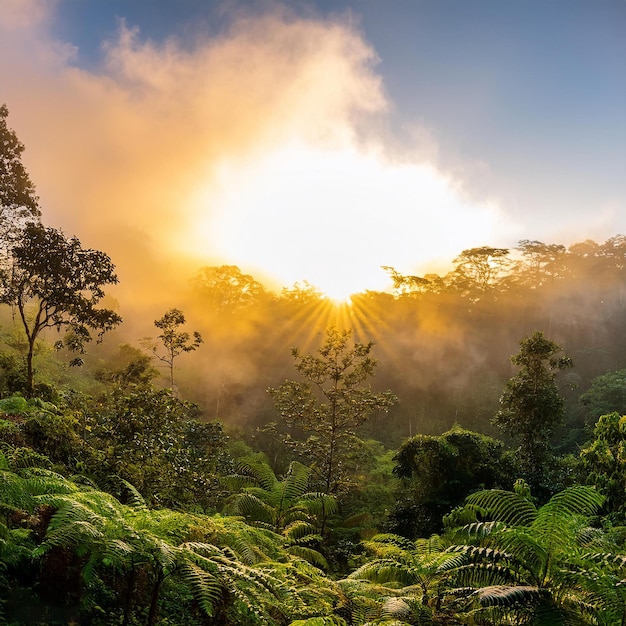 a forest with the sun shining through the clouds