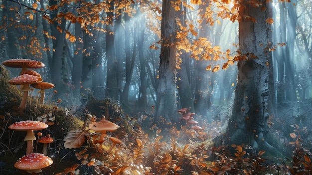 a forest with a sun shining through the leaves