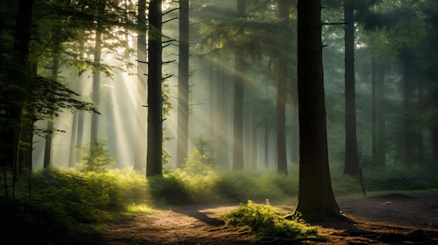 a forest with sun shining through the trees