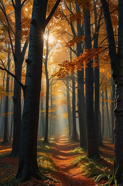 Photo a forest with the sun shining through the trees