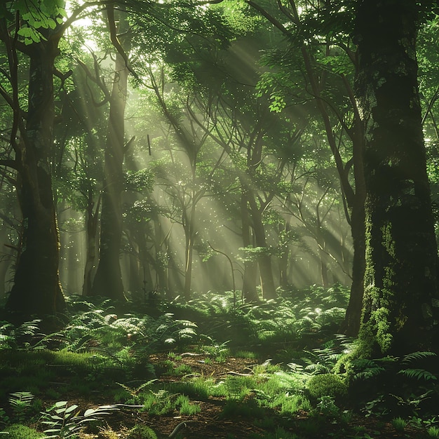 a forest with the sun shining through the trees