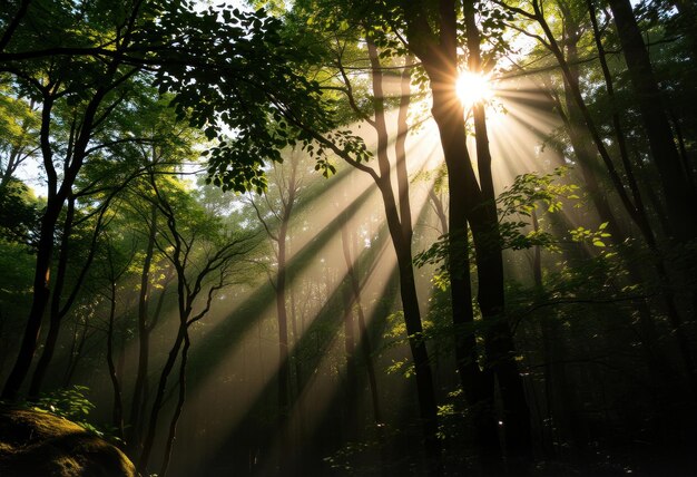 Photo a forest with the sun shining through the trees