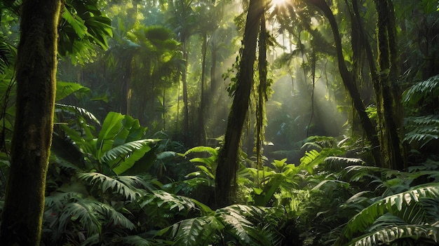 a forest with a sun shining through the trees