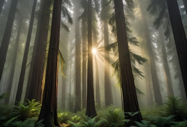 a forest with the sun shining through the trees