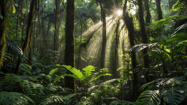 a forest with a sun shining through the trees