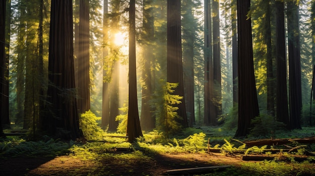 a forest with a sun shining through the trees