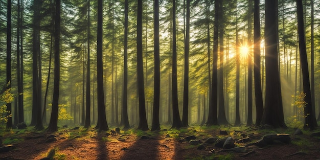 A forest with the sun shining through the trees