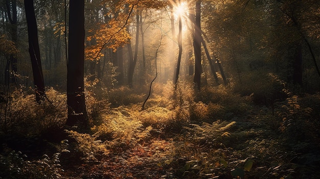 A forest with the sun shining through the trees