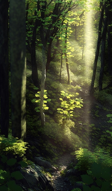 A forest with a sun shining through the trees