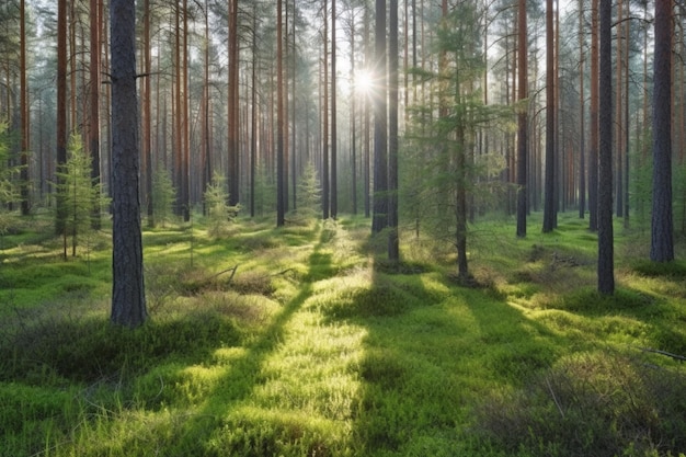 A forest with a sun shining through the trees