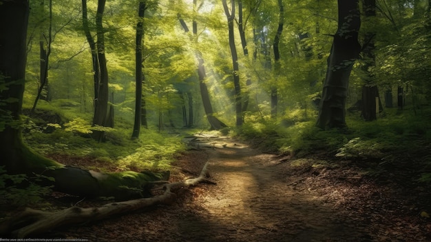 A forest with the sun shining through the trees