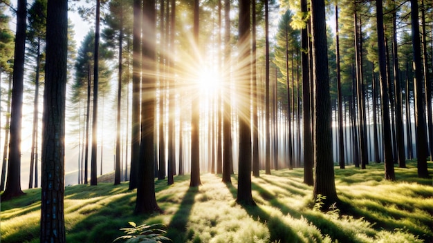 Photo a forest with the sun shining through the trees