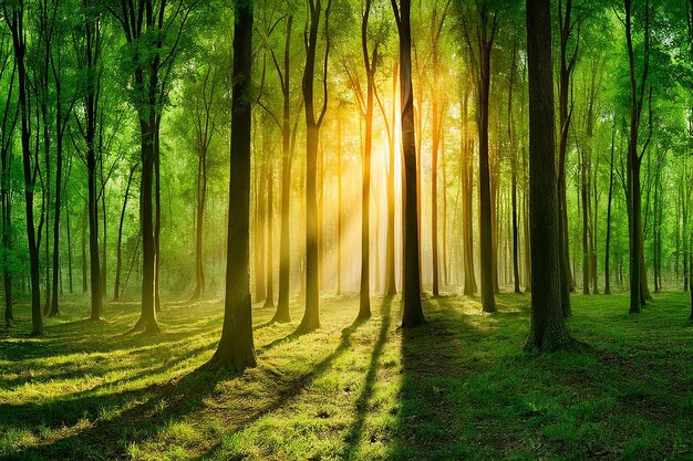 a forest with the sun shining through the trees