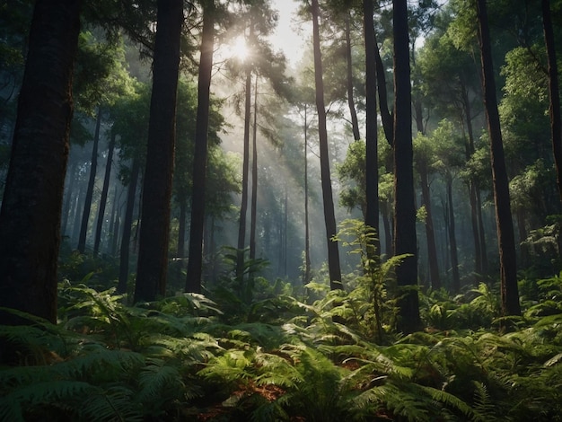 a forest with the sun shining through the trees