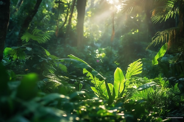 Forest with a sunbeam shining through the leaves