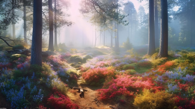 A forest with a sunbeams and a forest with flowers