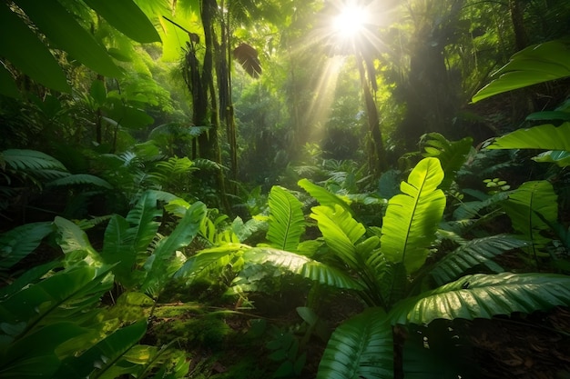 A forest with a sunbeams shining through the leaves