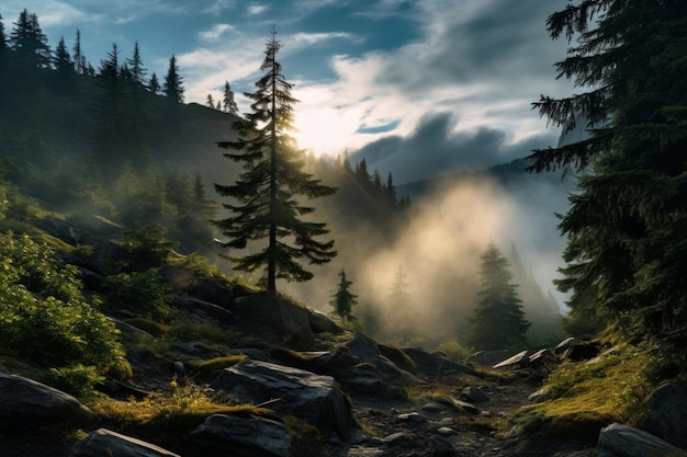 Photo a forest with sunlight dappling the ground