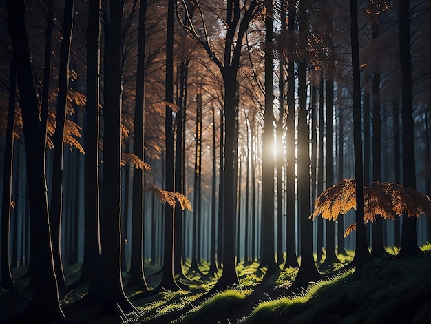 Forest with tall trees and dappled sunlight streaming through the leaves