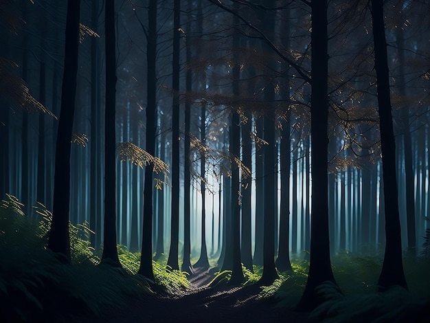 Forest with tall trees and dappled sunlight streaming through the leaves