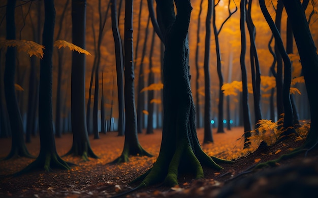 A forest with a tree in the autumn