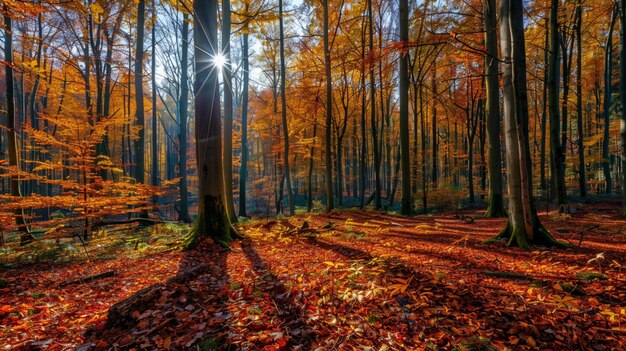 a forest with a tree in the foreground and the sun shining through the leaves