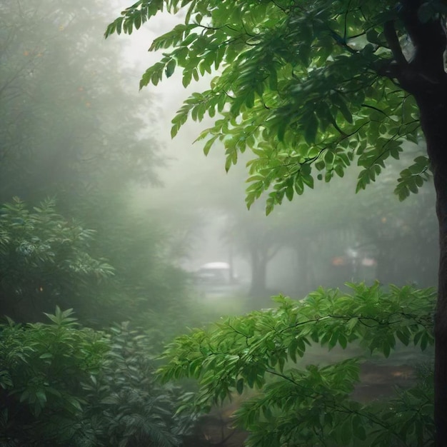 a forest with a tree and a house in the background