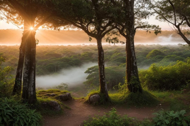 a forest with a tree and a sign that says quot sunrise quot