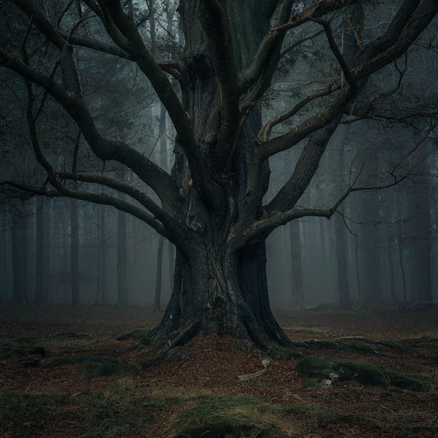 a forest with a tree and a sign that says the word on it