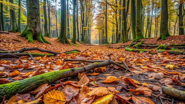 a forest with a tree trunk and some fallen leaves