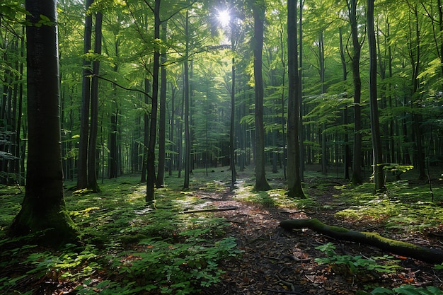 a forest with a tree trunk and a trail in the middle of it