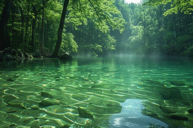 a forest with trees and a body of water with a green water surface