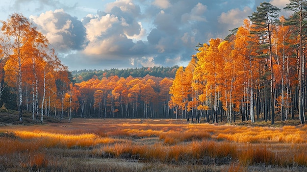 a forest with trees and clouds in the background