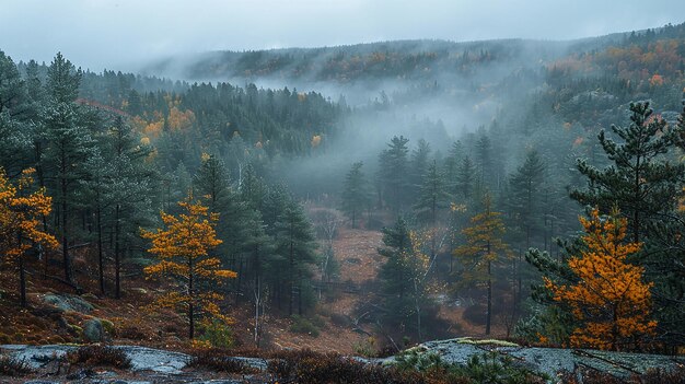 a forest with trees and fog in the background