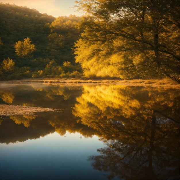 a forest with trees and a lake with a sunset in the background