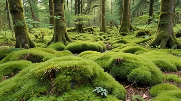 Photo a forest with trees and moss growing on the ground