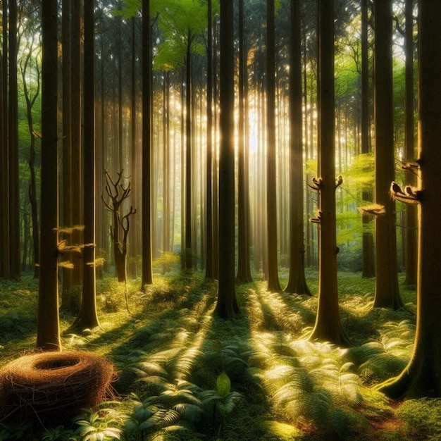 a forest with trees and a sun shining through them