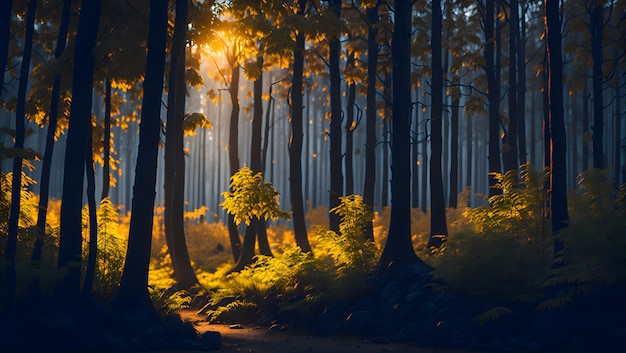 A forest with trees and the sun shining through the trees