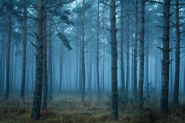 A forest with trees that are tall and dark