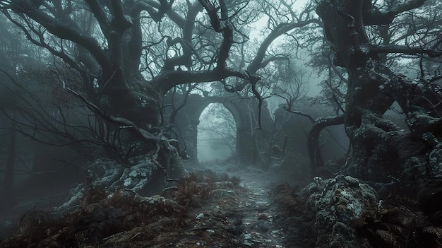 a forest with a tunnel that has a tree on it