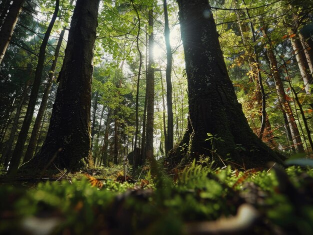 Photo a forest with two trees in the foreground and a large tree in the background